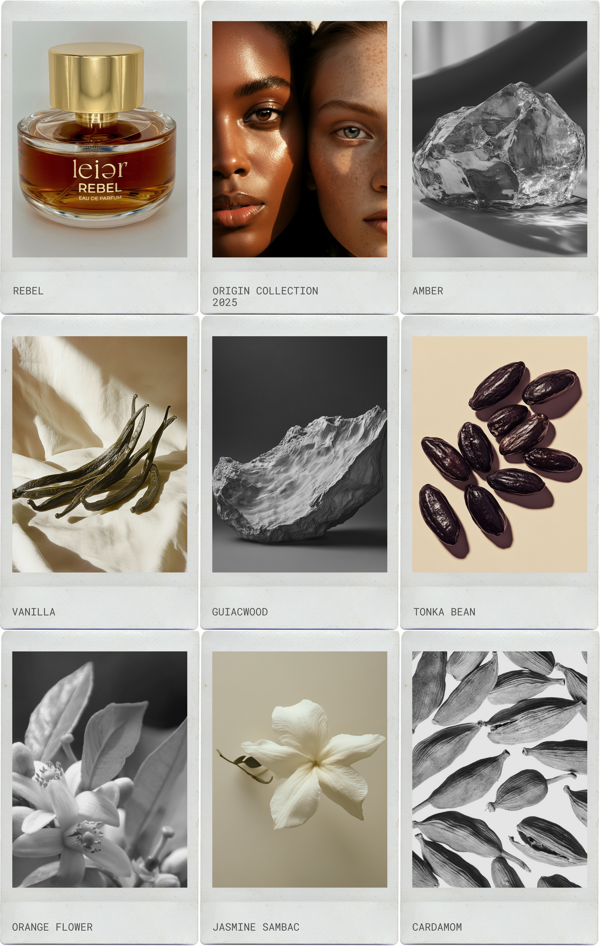 Collage of images related to a perfume brand, including a bottle, faces, and various elements.